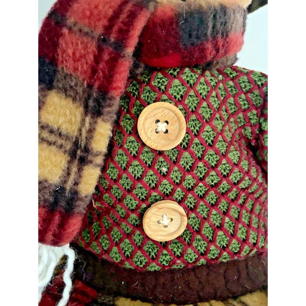 Rustic Brown, Red & Green Flannel Fabric Snowman Shelf Sitter, 19"H - Picture 7 of 8